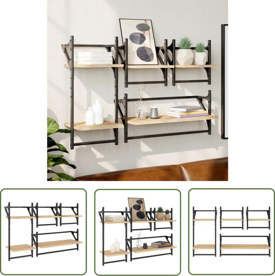 The Living Store 4-delige Wandschappenset met stangen bewerkt hout sonoma eiken Wanddecoratie Wandopbergers Houten Wandplanken Sonome Eiken Meubels Woonaccessoires