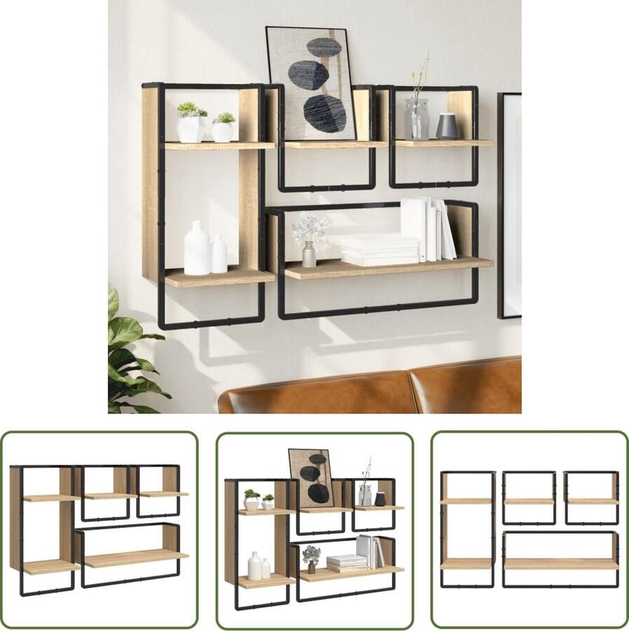 The Living Store 4-delige Wandschappenset met stangen bewerkt hout sonoma eiken Wanddecoratie Wandplanken Houten Wandopbergen Sonome Eiken Meubels Salontafel Accessoires
