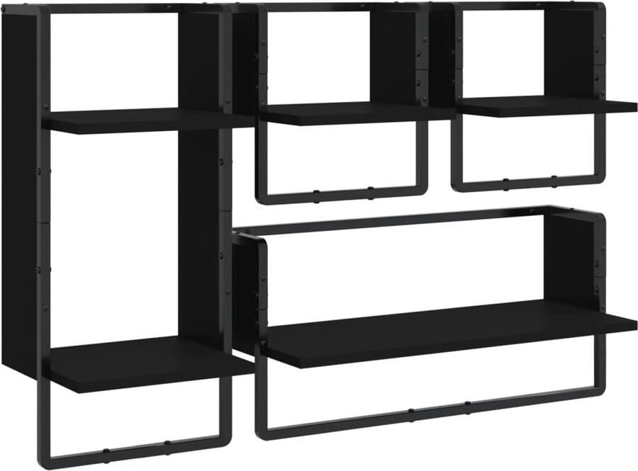 VidaXL Wandschap Set 4-delig Zwart Industrieel Wanddecoratie Wandplanken Houten Wandplank Zwarte Wandplank Opslagoplossing