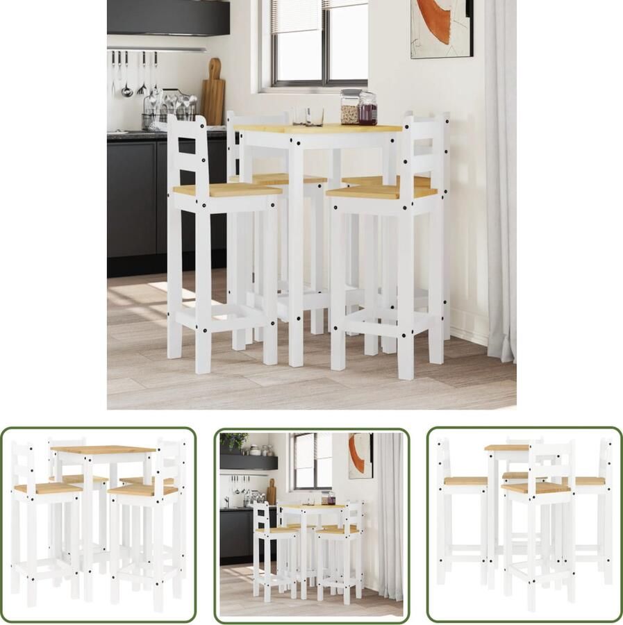 The Living Store Houten Bartafelset 57 x 57 x 101 cm Massief grenenhout Wit Bartafel Houten Bartafel Barstool Stoffen Barkruk Eettafel