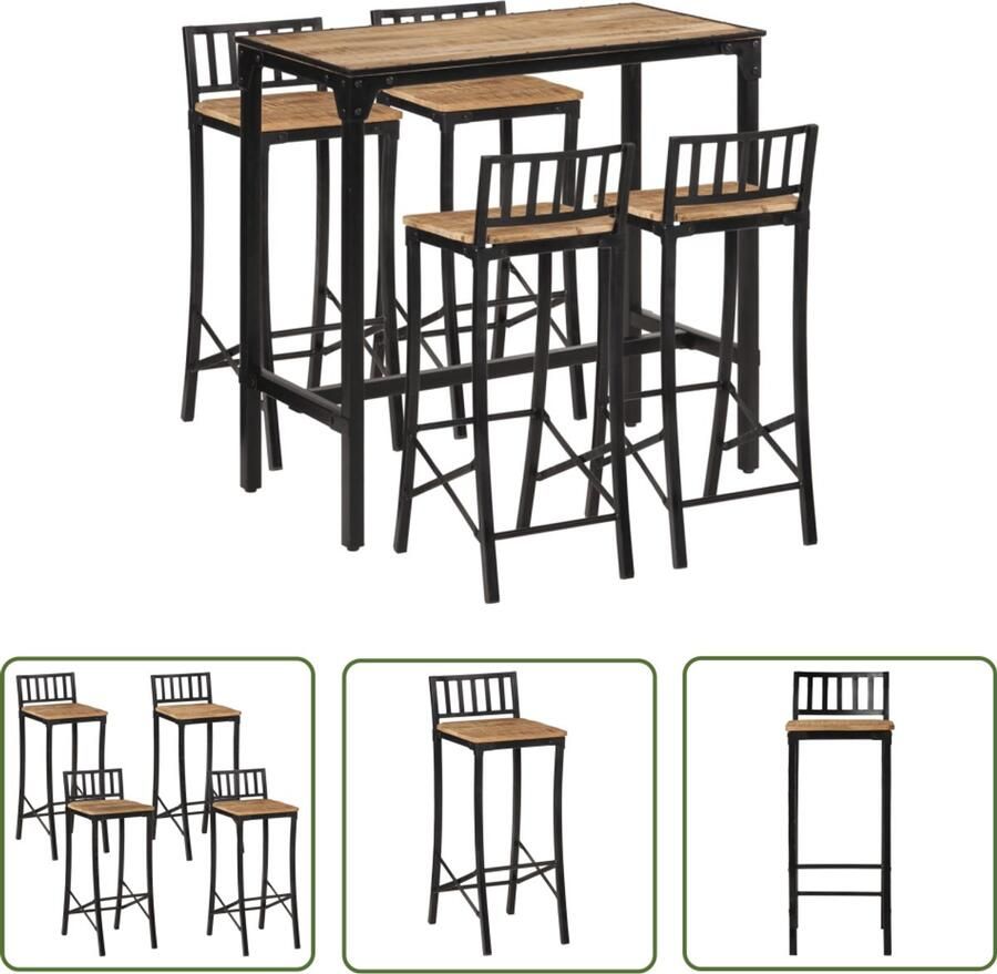 The Living Store 5-delige Barset massief ruw mangohout en metaal Bartafel Barstoelen Eetkamerset Salontafel Mango Wood Furniture