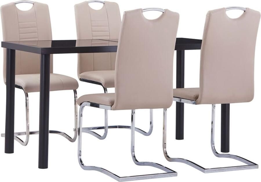 The Living Store Eetset Cappuccino Eettafel 140x70x75 cm 4x Eetkamerstoel Zwart Glazen Tafelblad Kunstleren Bekleding Stevig en Duurzaam Eenvoudige Montage