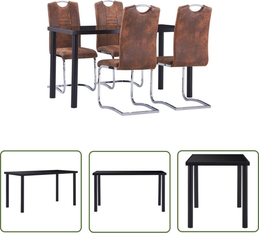 The Living Store Eettafelset zwart glas metaal 140x70x75 cm bruin kunstsuède staal 42x52x100 cm handvat Eetkamerset Eettafel Eetkamerstoelen Bruine Meubels Zwarte Eettafels