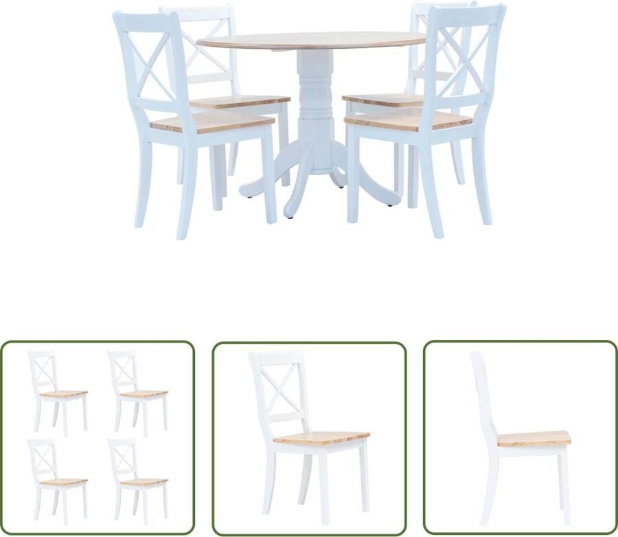The Living Store 5-delige Eethoek massief rubberwood wit en bruin Eetkamerstoel Houten Eettafel Salontafel Dining Chair Eetsalon - Foto 2