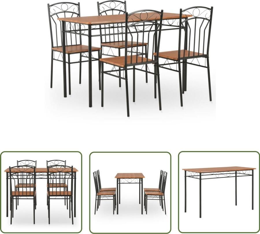 The Living Store 5-delige Eethoek MDF en staal bruin Eetkamerstoel Eettafel Salontafel Meubels Houten Meubels