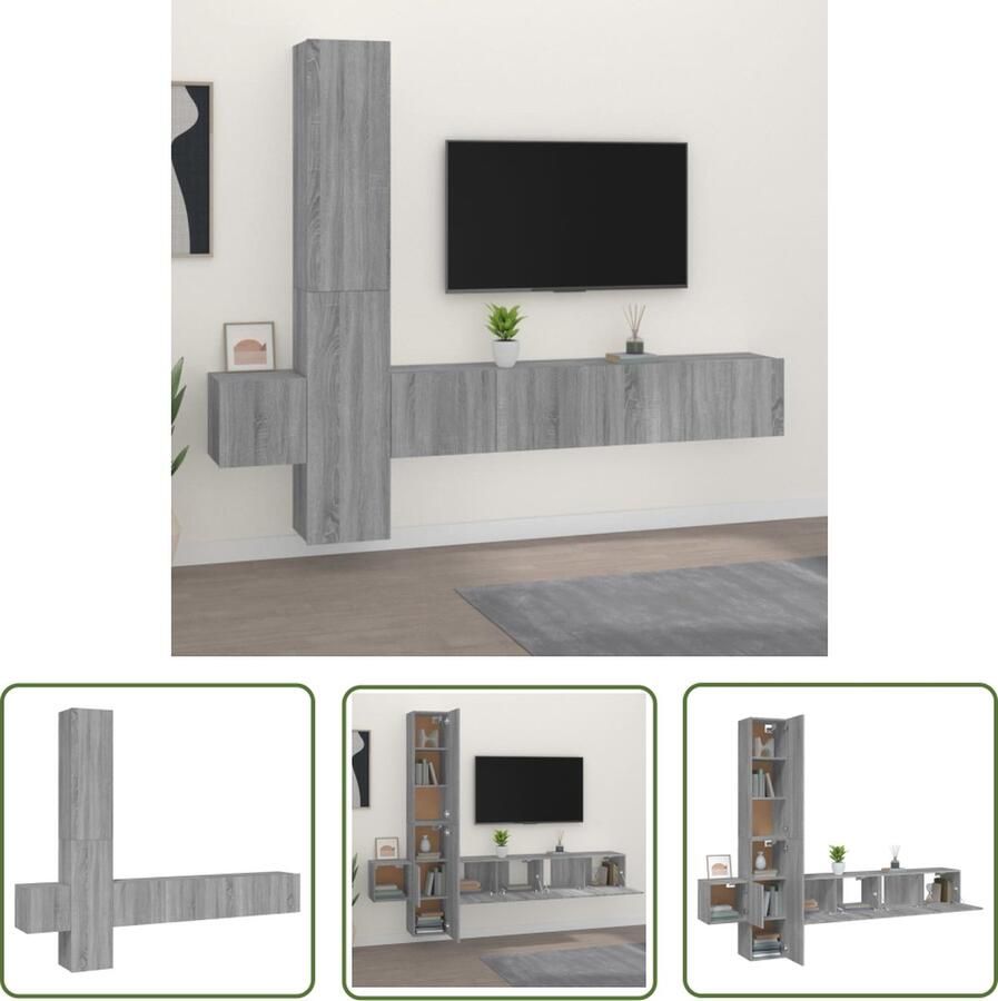 The Living Store Televisiemeubelset Grijs Sonoma Eiken 2x 80x30x30 cm 2x 30.5x30x90 cm 1x 30.5x30x30 cm Televisiesecretaris Salontafel Wandmontage Houten Kast Grijze Kast