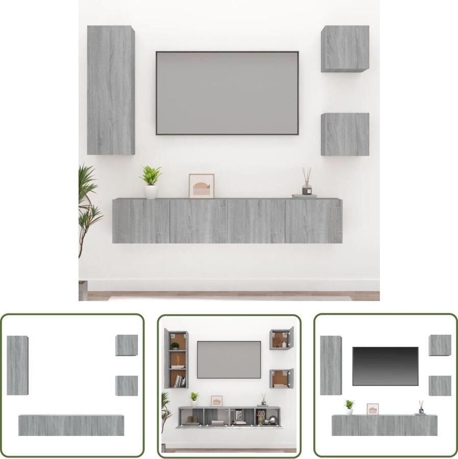 The Living Store TV-meubelset Grijs Sonoma Eiken Set van 2x 30.5x30x30 cm 1x 30.5x30x90 cm 2x 80x30x30 cm TV Kast Salon Meubilair Houten Tv Stand Grijze Tv Tafel Wandmontage Tv Unit - Foto 2