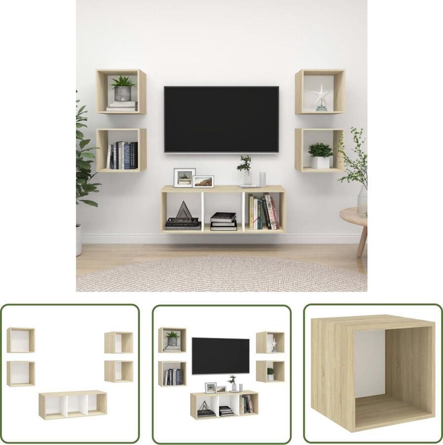 The Living Store Televisiewandmeubelset Stereokast Tv-meubelset 37 x 37 x 37 cm en 37 x 37 x 107 cm Wit en Sonoma eiken Montage vereist Televisiescherm Wandmontage Tv Kasten Salontafel Living Room Decor Houten Tv Stand