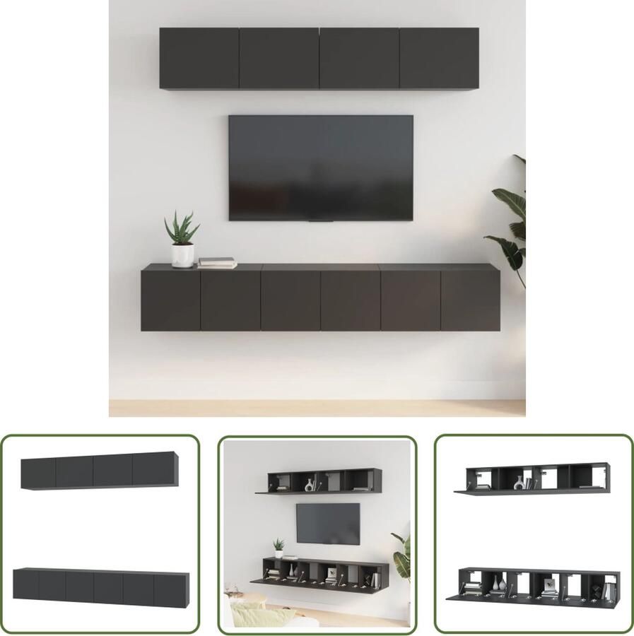 The Living Store Televisiemeubel Set Zwarte bewerkte houten TV-kasten Wandgemonteerd Voldoende opbergruimte Televisiescherm Tv Kasten Wandmontage Opbergruimte Zwart - Foto 2