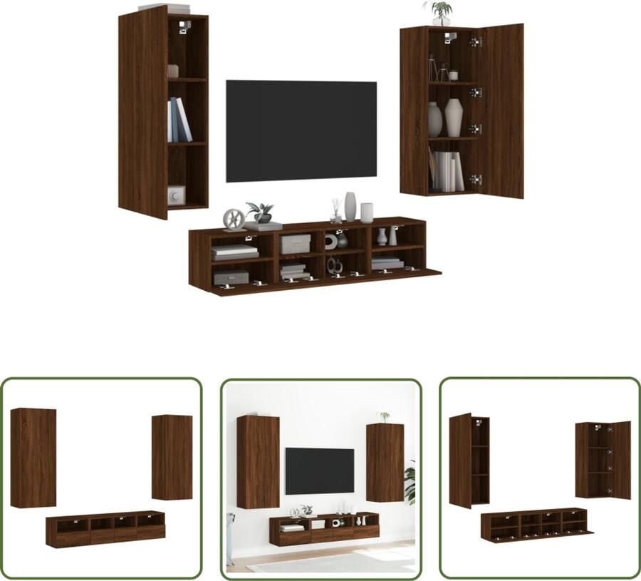 The Living Store 5-delige Tv-wandmeubelset bewerkt hout bruin eikenkleur Tv-wandmeubel Tv-wandmeubelen Tv-meubel Zwevend Tv Meubel
