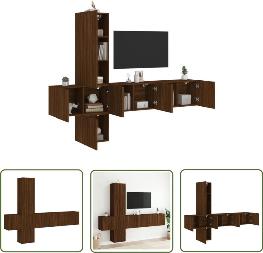 The Living Store 5-delige Tv-wandmeubelset bewerkt hout bruin eikenkleur Tv-wandmeubel Tv-wandmeubelen Tv-meubel Zwevend Tv Meubel