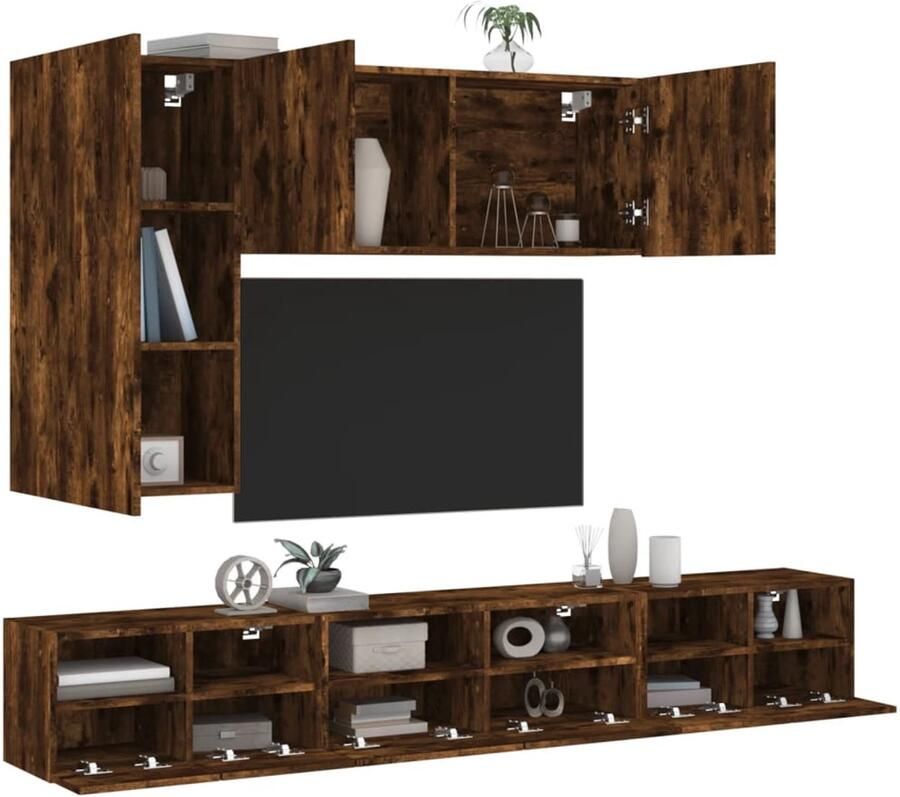 The Living Store 5-delige tv-wandmeubelset bewerkt hout gerookt eikenkleurig Tv-wandmeubel Tv-wandmeubels Zwevend Tv-wandmeubel Media-wandmeubel
