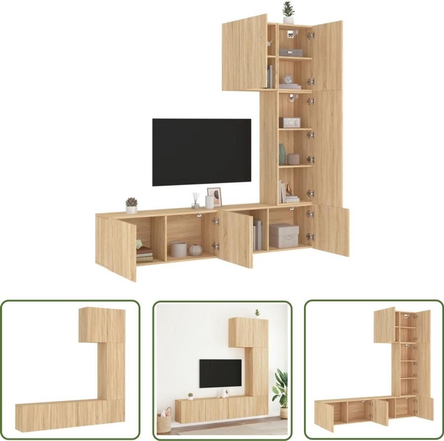 The Living Store 5-delige Tv-wandmeubelset bewerkt hout sonoma eikenkleurig Tv-wandmeubel Tv-wandmeubelen Tv-meubel Zwevend Tv Meubel