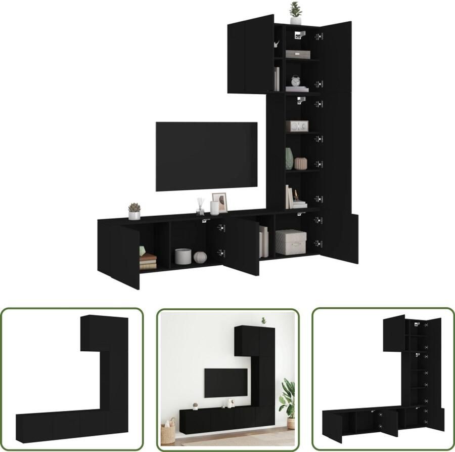 The Living Store 5-delige Tv-wandmeubelset bewerkt hout zwart Tv-wandmeubel Tv-wandmeubelen Tv-meubel Zwevend Tv Meubel