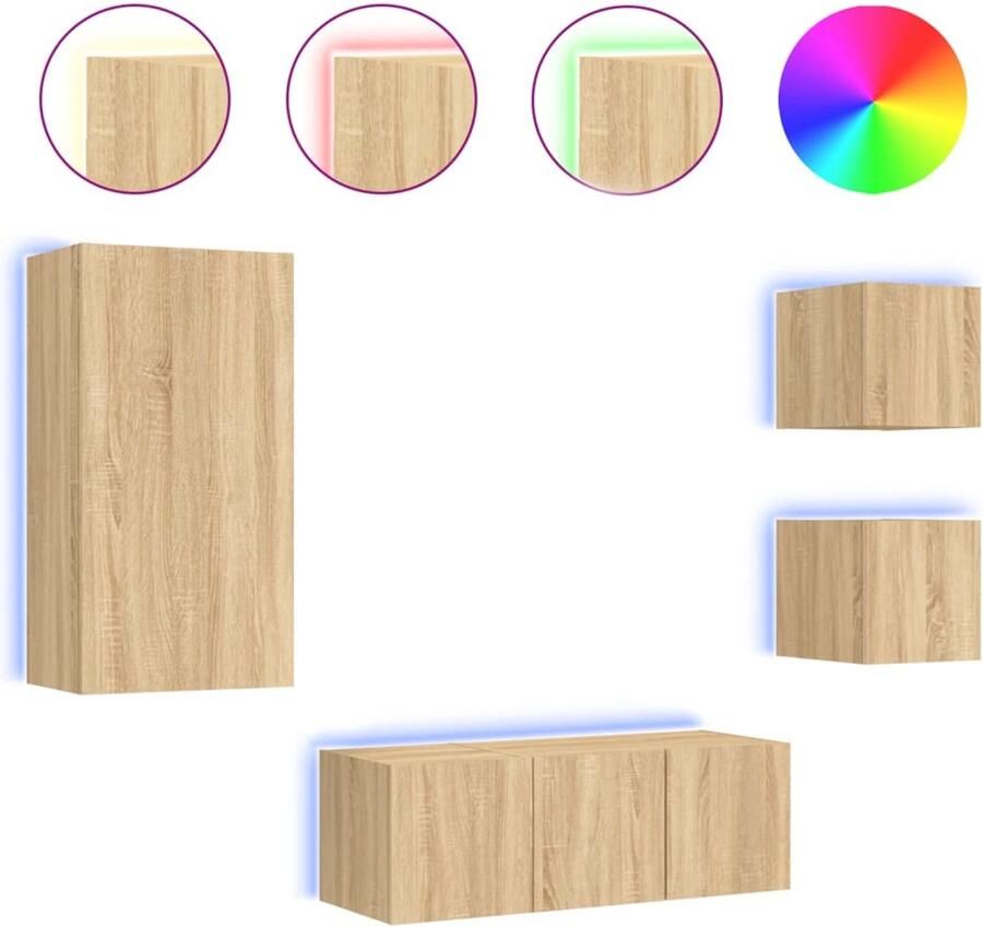 The Living Store 5-delige Tv-wandmeubelset met LED bewerkt hout sonoma eiken Tv-kast Tv-meubel Wandmontage Led Verlichting Rgb Licht - Foto 2