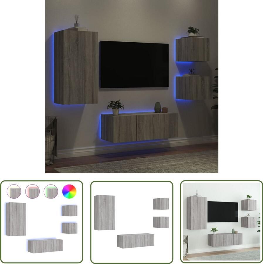The Living Store 5-delige Tv-wandmeubelset met LED grijs sonoma eikenkleurig Tv Meubels Tv Kast Wandmontage Led Verlichting Rgb Licht