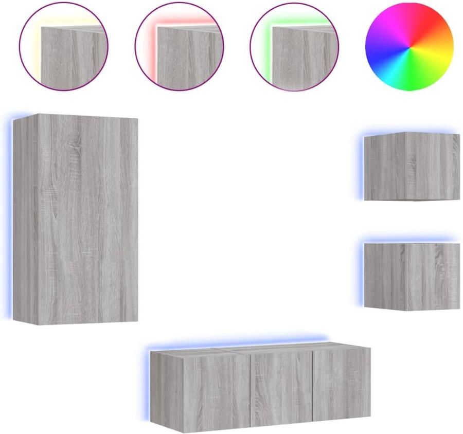 The Living Store 5-delige Tv-wandmeubelset met LED grijs sonoma eikenkleurig Tv Meubels Tv Kast Wandmontage Led Verlichting Rgb Licht - Foto 2