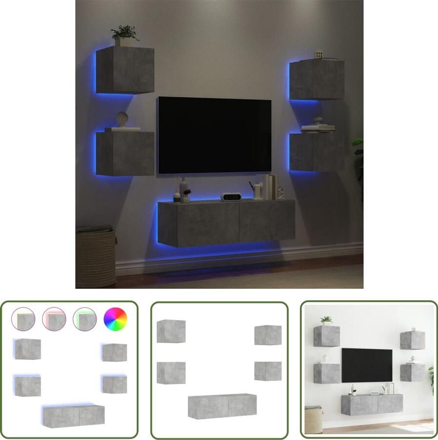 The Living Store 5-delige tv-wandmeubelset met LED-verlichting betongrijs Tv-wandmeubel Tv-wandmeubels Zwevend Tv-meubel Tv-wandmeubel