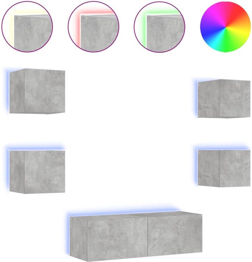 The Living Store 5-delige tv-wandmeubelset met LED-verlichting betongrijs Tv-wandmeubel Tv-wandmeubels Zwevend Tv-meubel Tv-wandmeubel - Foto 2