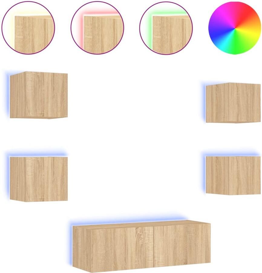 The Living Store 5-delige Tv-wandmeubelset met LED-verlichting sonoma eikenkleur Tv-wandmeubel Tv-wandmeubels Zwevend Tv-meubel Tv-wandmeubel - Foto 2