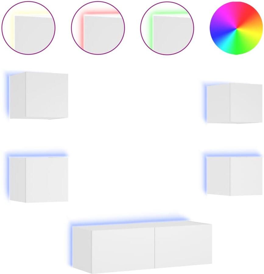 The Living Store 5-delige tv-wandmeubelset met LED-verlichting wit Tv Wandmeubel Led Verlichting Tv Kast Opbergkast Houten Tv Stand - Foto 2