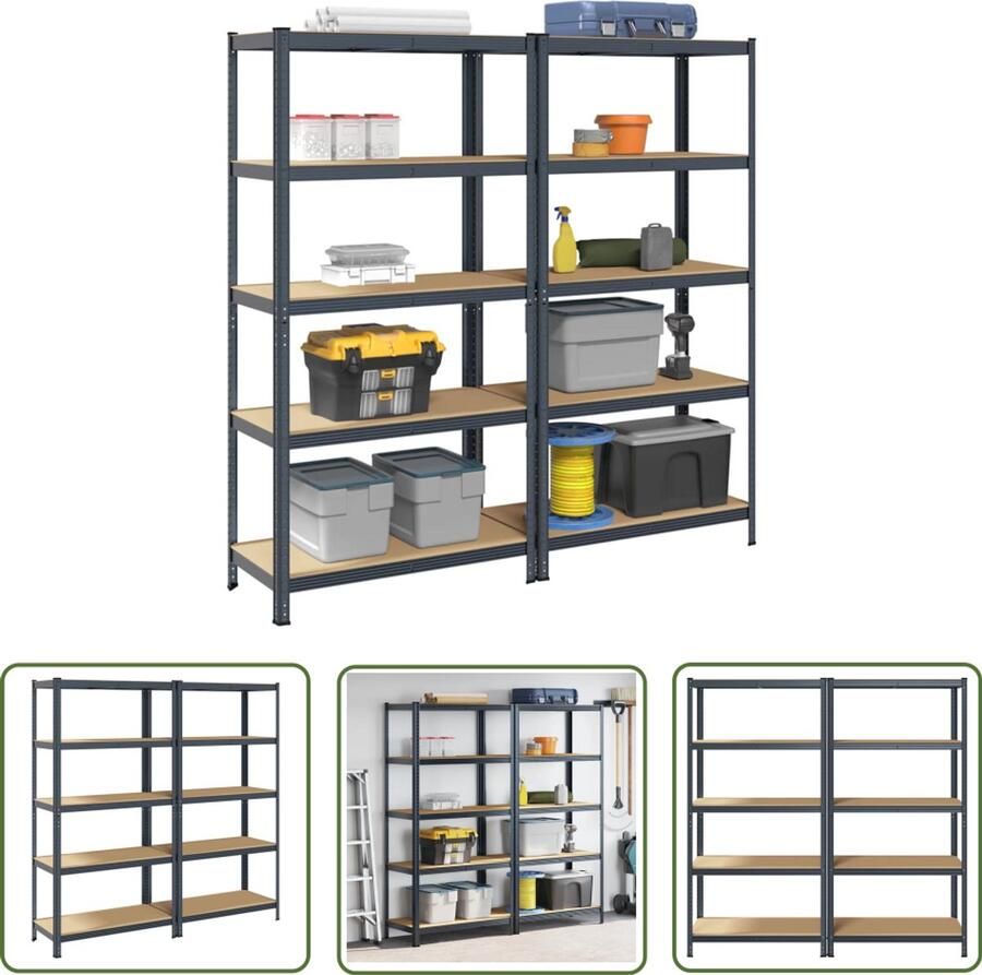 The Living Store 5 Laags Opbergrek 2 stuks antracietkleurig staal & bewerkt hout Opslagkast Industriele Opslag Metalen Kast Houten Kast Garage Opbergkast