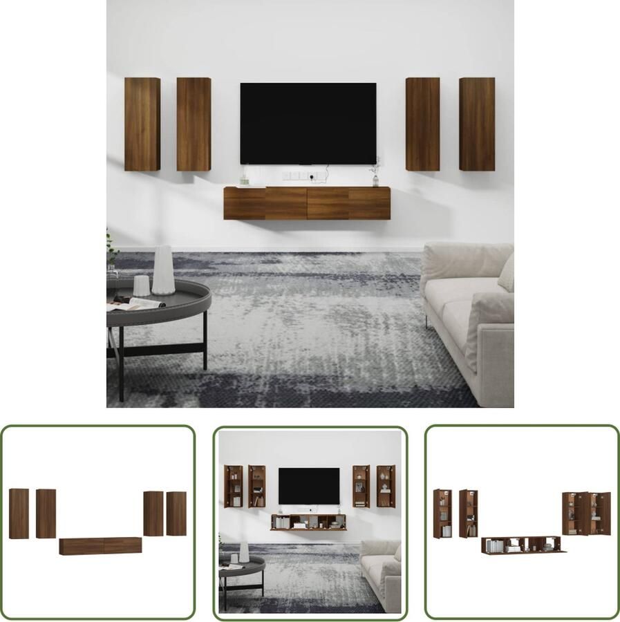 The Living Store 6-delige Tv-meubelset bewerkt hout bruin eikenkleur TV Meubel Houten TV Kast Bruine Eik Wandmontage Opbergruimte - Foto 2