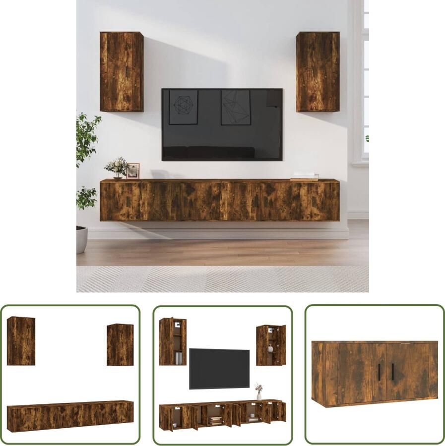 The Living Store 6-delige Tv-meubelset bewerkt hout gerookt eikenkleurig Televisiesecretaris Houten Tv Kast Tv Stand Salontafel Bruine Tv Kast - Foto 2