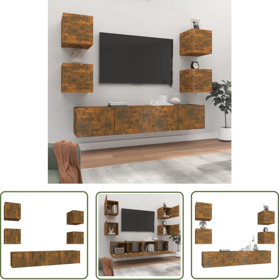 The Living Store televisiemeubel set gerookt eiken 80 x 30 x 30 cm 2 x 30.5 x 30 x 30 cm Tv Kast Televisiesecretaris Houten Tv Stand Wandmontage Tv Kast Bruine Tv Kast - Foto 2