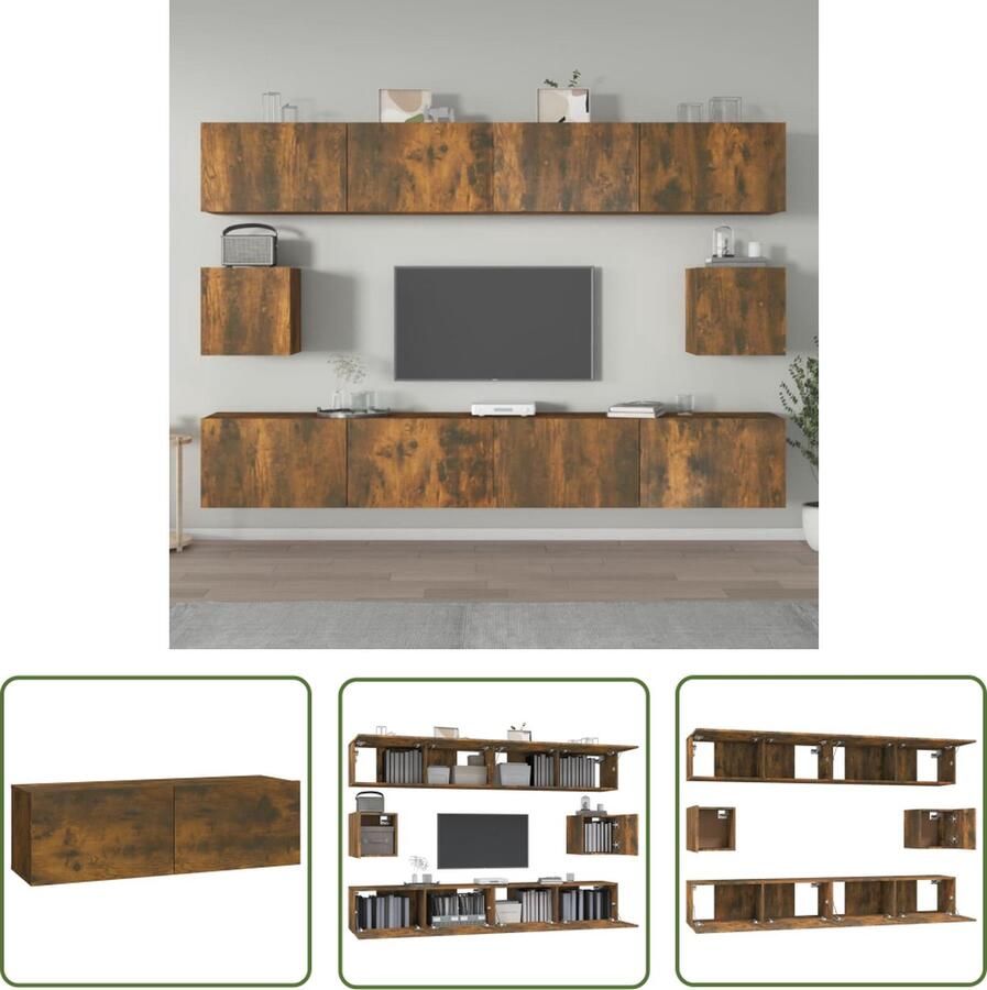 The Living Store TV-meubelset Gerookt Eiken 4x 100x30x30cm 2x 30.5x30x30cm TV-meubel Houten TV-stand Bruine TV-bank Salontafel Opbergkast - Foto 3