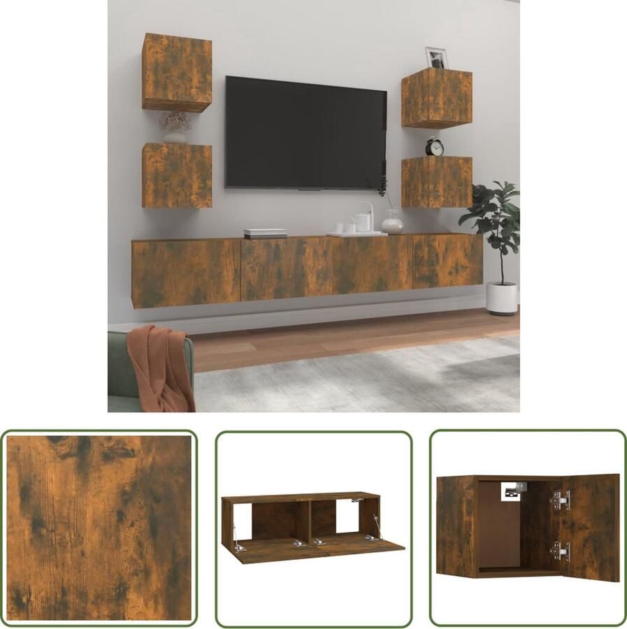 The Living Store TV-meubelset Gerookt eiken 2x 100x30x30cm + 4x 30.5x30x30cm TV Meubel Houten TV Kast Wandmontage Bruine TV Kast Livingroom Decor - Foto 3