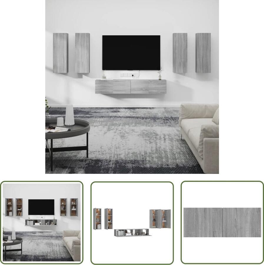 The Living Store Televisiemeubel set 2x 80 x 30 x 30 cm en 4x 30.5 x 30 x 90 cm Grijs Sonoma Eiken Televisiescherm Tv Stand Salontafel Houten Tv-meubel Grijze Tv-stand - Foto 2