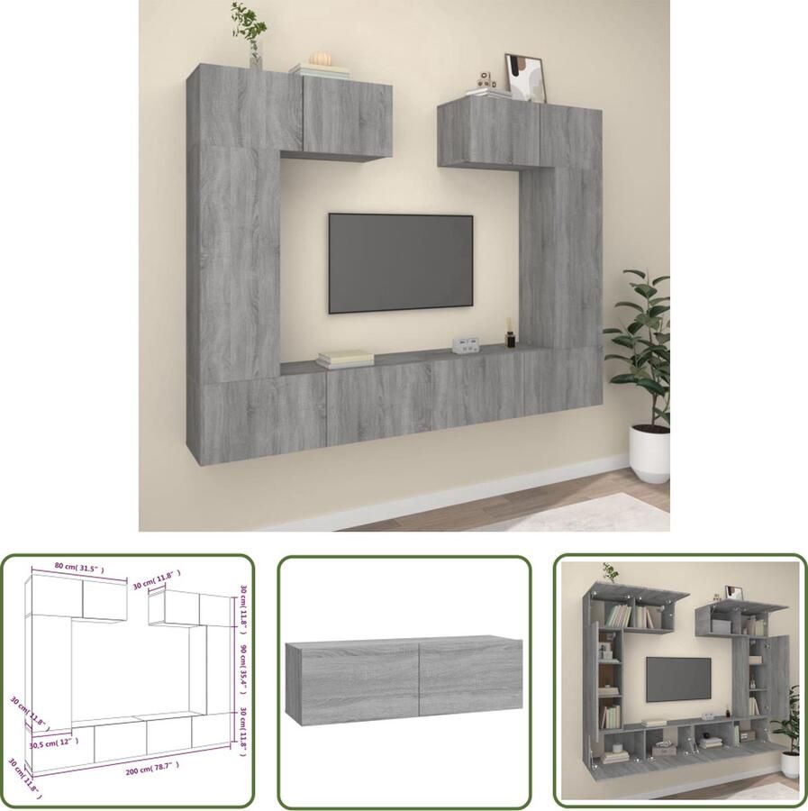 The Living Store TV-meubelset Classic Grey Sonoma Eiken 80 x 30 x 30 cm 30.5 x 30 x 90 cm 100 x 30 x 30 cm TV Kast Tv Meubel Salontafel Wandmontage Houten Tv Kast