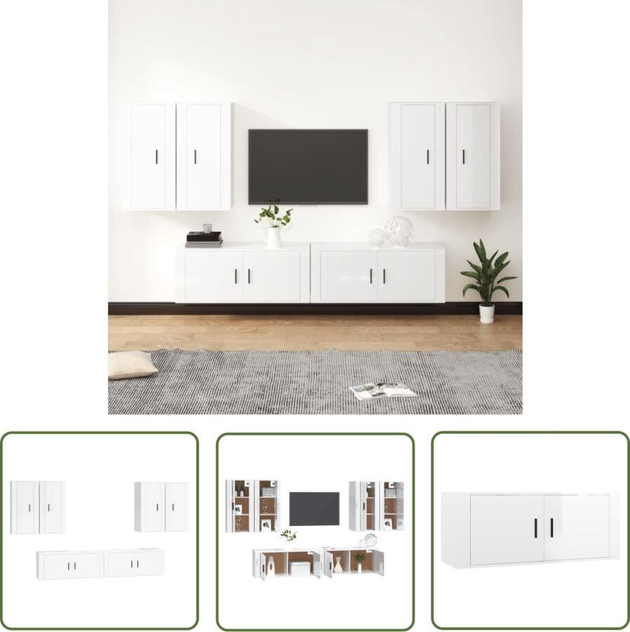 The Living Store Televisiekastenset 2x 100 x 34.5 x 40 cm 4x 40 x 34.5 x 80 cm hoogglans wit Tv Kast Televisiesectie Salontafel Houten Tv-meubel White Furniture - Foto 2