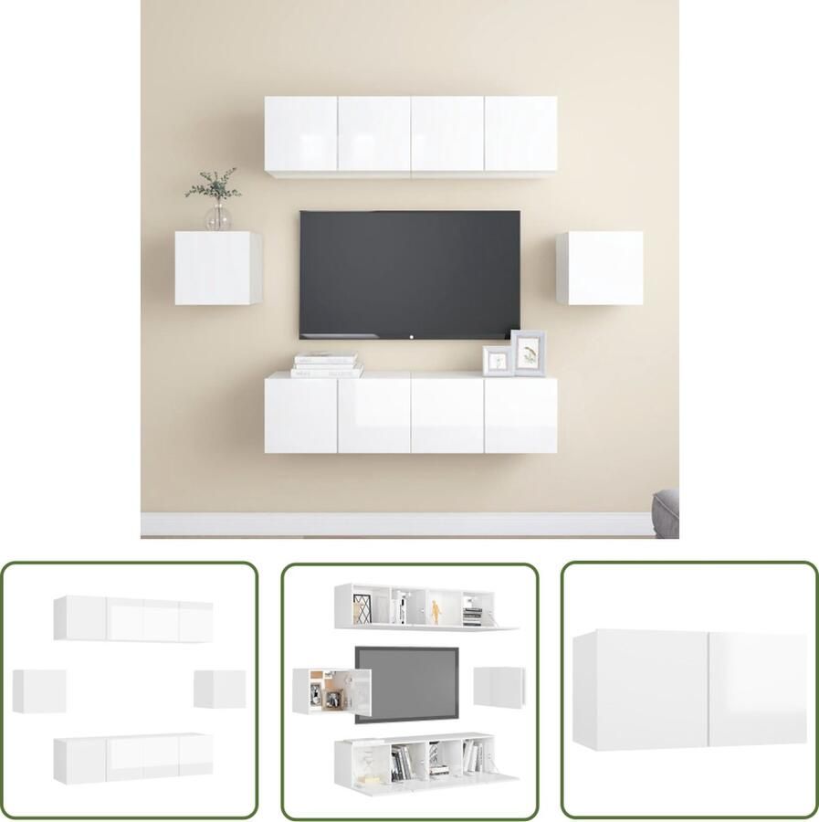 The Living Store Televisiemeubelset Wandmontage Hoogglans wit 4x 60x30x30cm 2x 30.5x30x30cm Tv Kast Wandmontage Tv Kast Tv Meubelset Houtskelet Tv Kast Houten Tv Kast - Foto 2