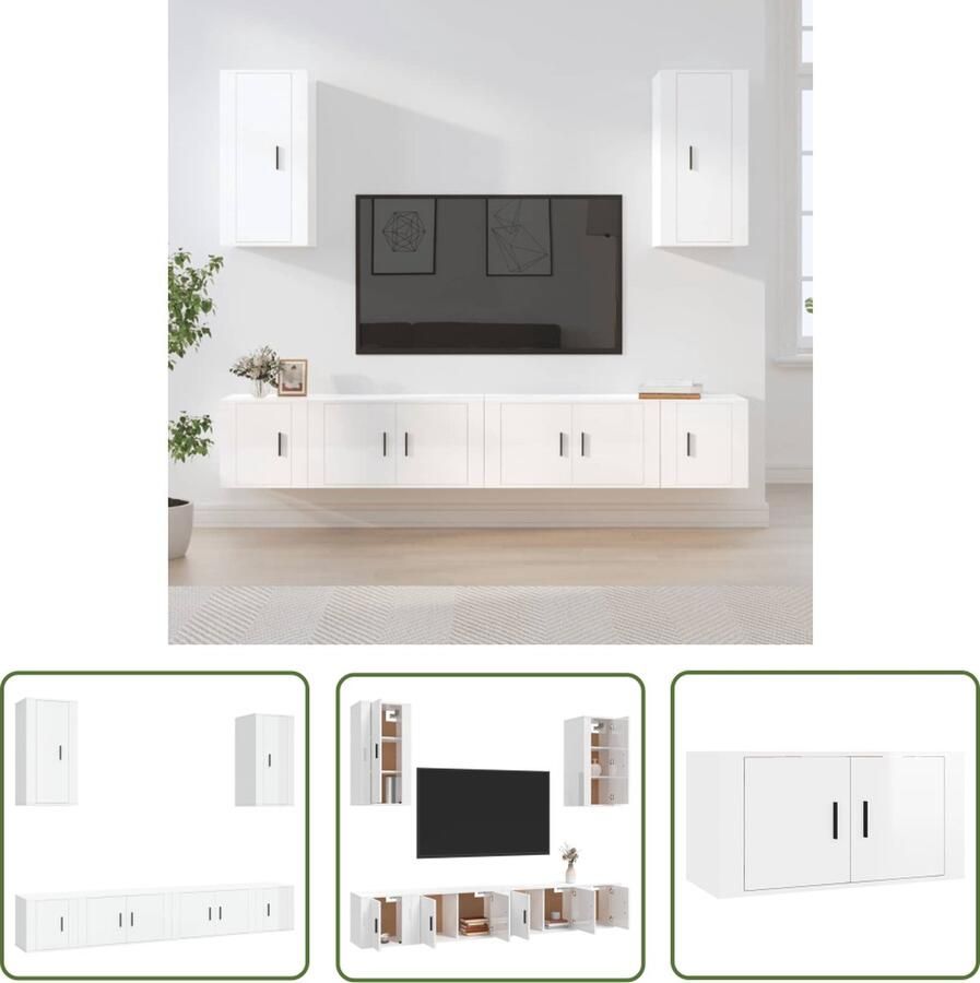 The Living Store TV-meubelset Klassiek ontwerp Hoogglans wit 2x 80x34.5x40cm 2x 40x34.5x40cm 2x 40x34.5x80cm TV-meubel Salontafel Kastje Houten Tv-standaard Decoratief Item - Foto 2