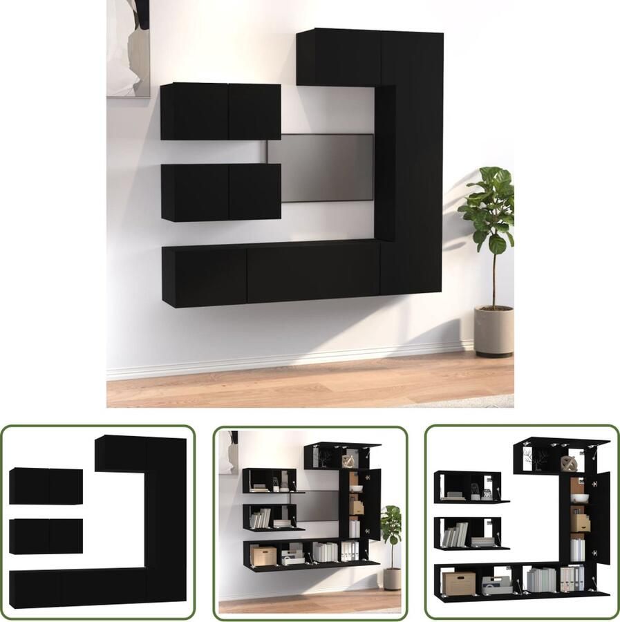 The Living Store TV-meubelset Zwart 3x 80x30x30cm + 1x 30.5x30x90cm + 2x 60x30x30cm Tv Kast Tv Meubel Houten Tv Kast Wandmontage Tv Kast Opslagruimte Tv Kast - Foto 2