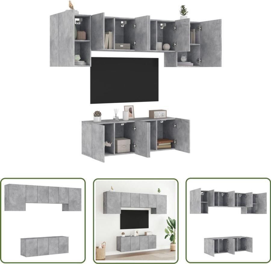 The Living Store 6-delige Tv-wandmeubelset bewerkt hout betongrijs Tv-wandmeubel Tv-wandmeubelen Tv-meubel Zwevend Tv Meubel