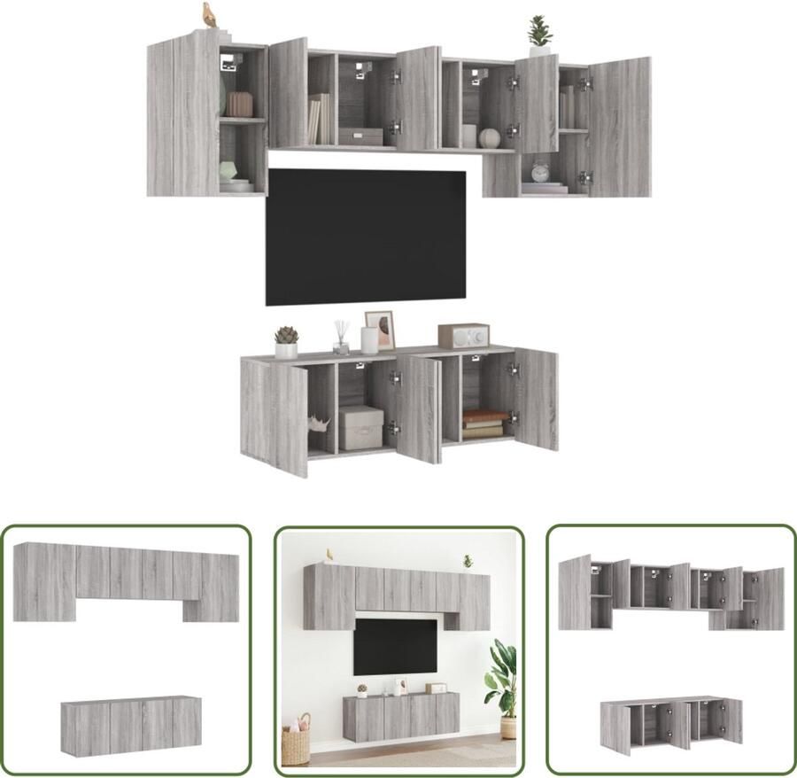 The Living Store 6-delige Tv-wandmeubelset bewerkt hout grijs sonoma Tv-wandmeubel Tv-wandmeubelen Tv-meubel Zwevend Tv Meubel