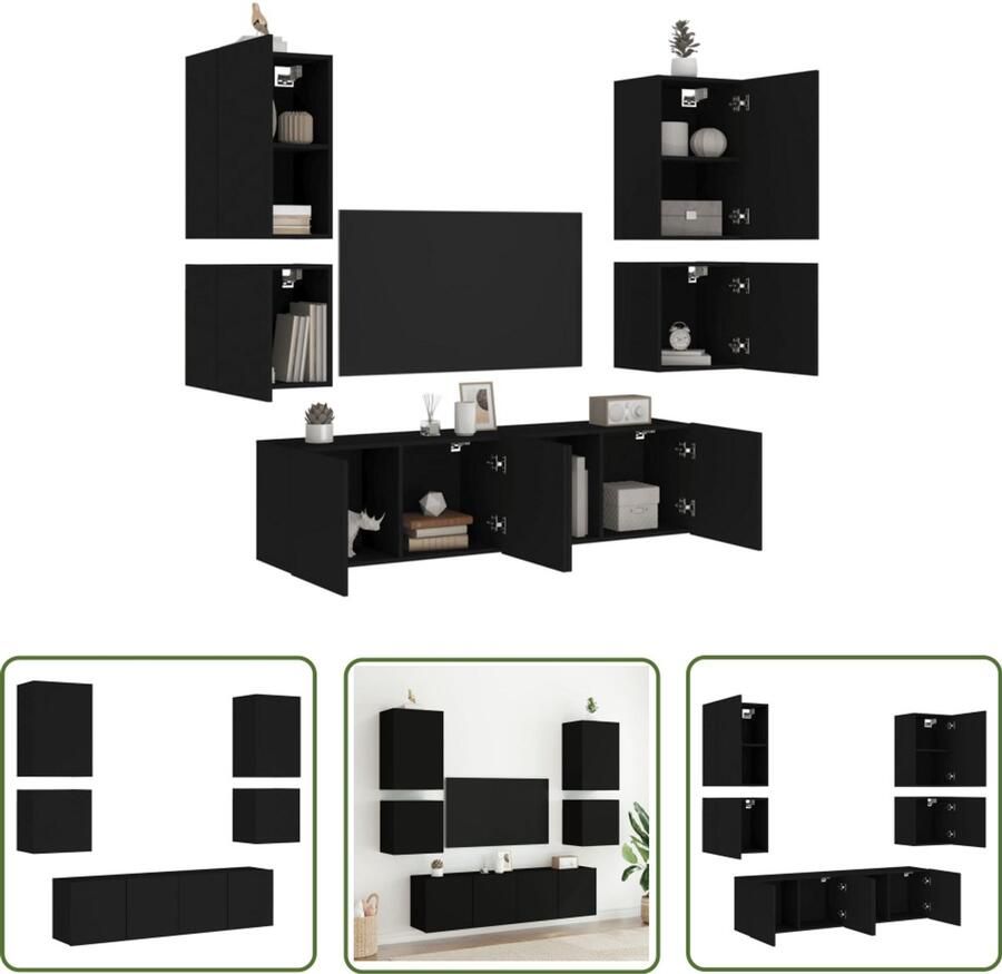 The Living Store 6-delige Tv-wandmeubelset bewerkt hout zwart Tv-wandmeubel Tv-wandmeubelen Tv-meubel Zwevend Tv Meubel