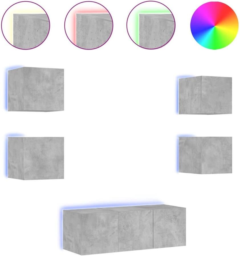The Living Store 6-delige Tv-wandmeubelset met LED bewerkt hout betongrijs Tv Meubel Wandmontage Led Verlichting Beton Grijs Houten Tv Kast - Foto 2