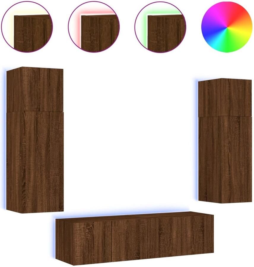 The Living Store 6-delige Tv-wandmeubelset met LED bewerkt hout bruineikenkleur Tv Meubel Wandmontage Led Verlichting Bruin Houten Tv Kast - Foto 2