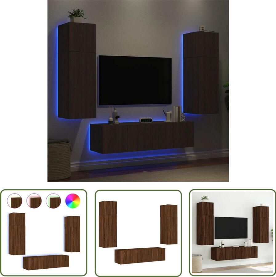 The Living Store 6-delige Tv-wandmeubelset met LED bewerkt hout bruineikenkleur Tv Meubel Wandmontage Led Verlichting Bruin Houten Tv Kast