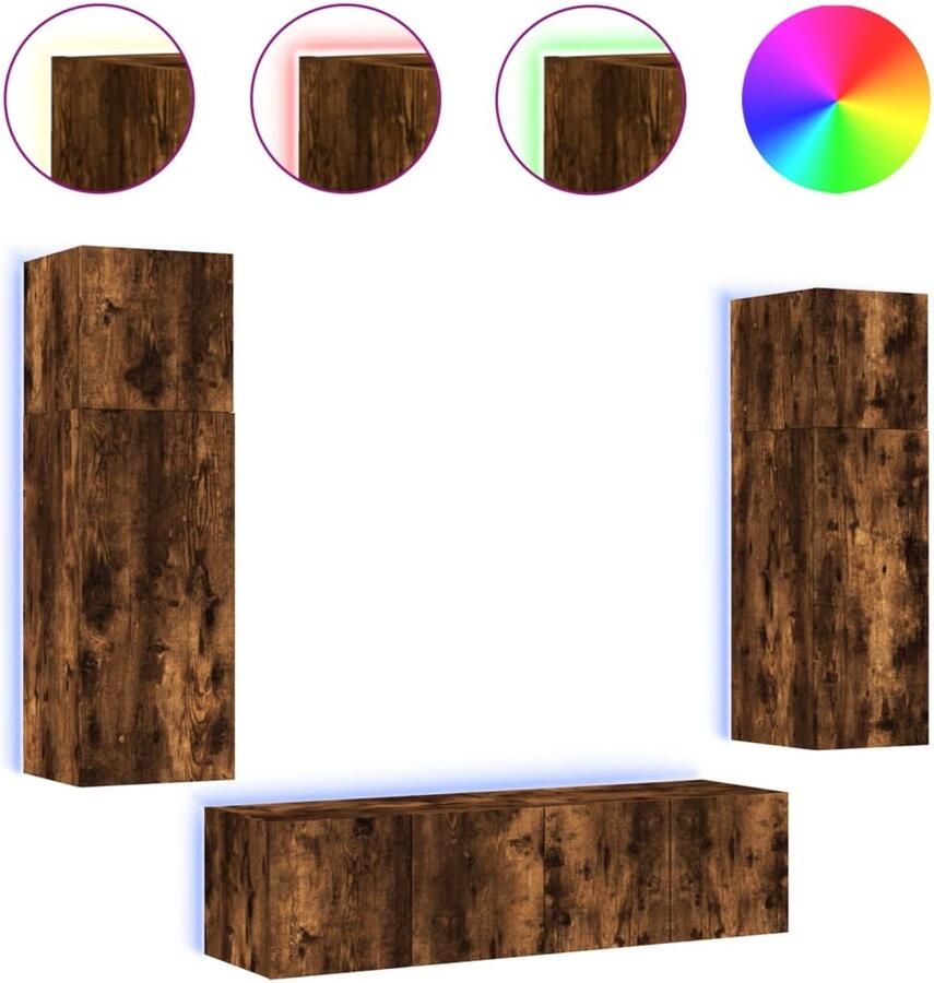 The Living Store 6-delige tv-wandmeubelset met LED bewerkt hout gerookt eiken Tv-wandmeubel Tv-wandmeubels Tv-meubel Televisiemeubel