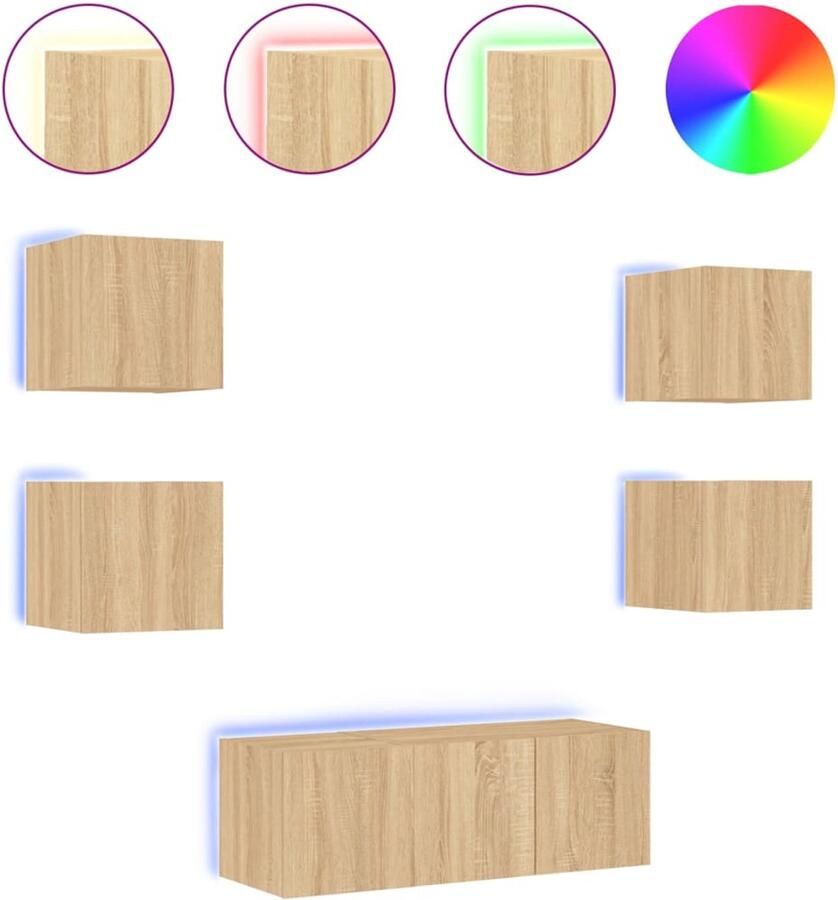 The Living Store 6-delige Tv-wandmeubelset met LED bewerkt hout sonoma eiken Tv Meubel Wandmeubel Led Verlichting Rgb Verlichting Sonoma Eiken - Foto 2