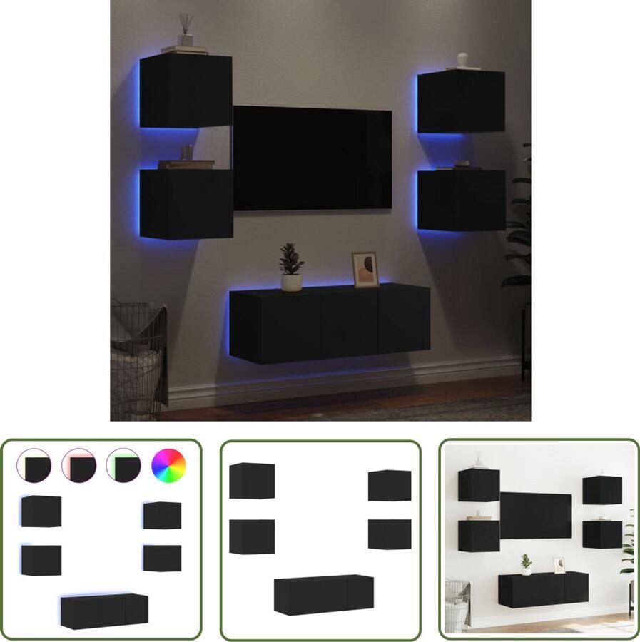 The Living Store 6-delige Tv-wandmeubelset met LED bewerkt hout zwart Tv-wandmeubel Tv-wandmeubels Tv-meubel Televisiemeubel