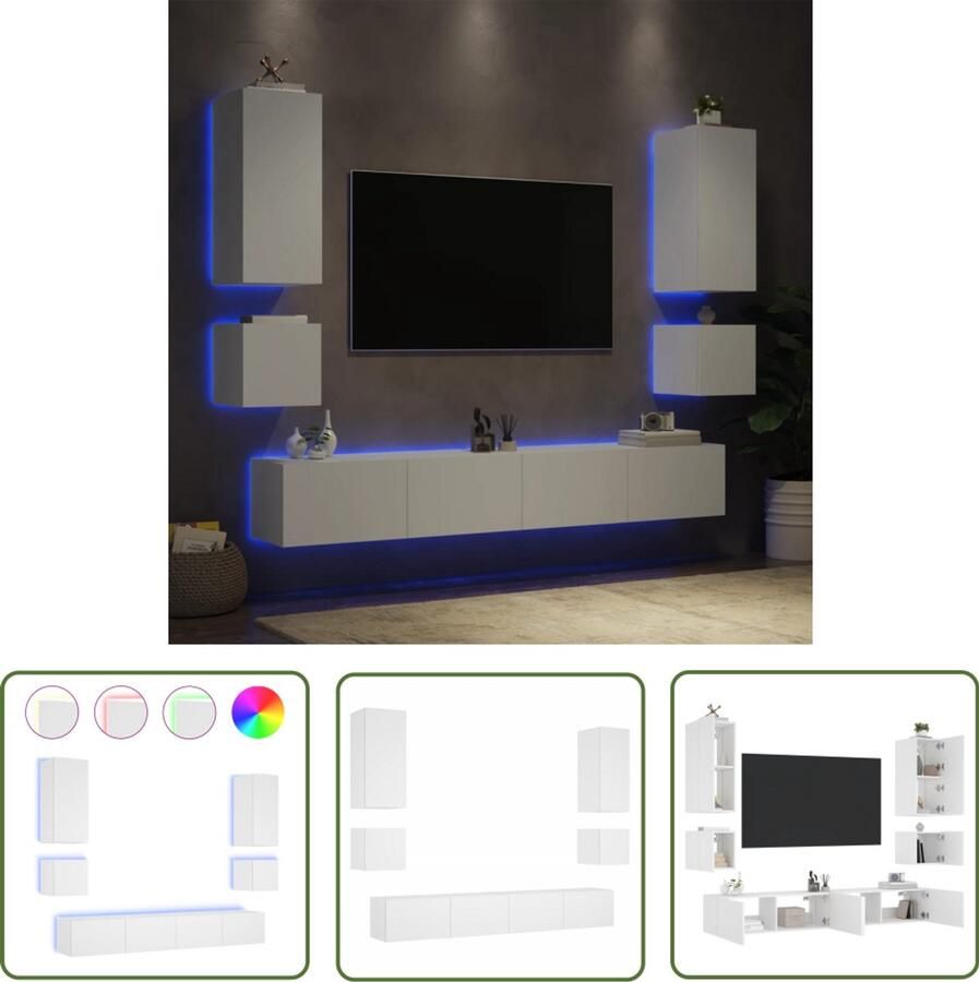 The Living Store 6-delige tv-wandmeubelset met LED-verlichting wit Tv Wandplank Led Tv Kast Houten Tv Meubel Zwevende Tv Unit Opbergkast Tv