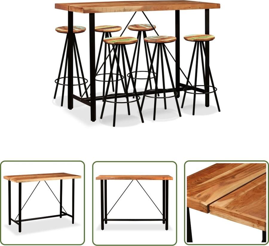 The Living Store 7-delige Barset massief acaciahout en gerecycled hout Bartafel Industrieel Design Acacia Houten Tafel Barkruk Eetkamerstoel