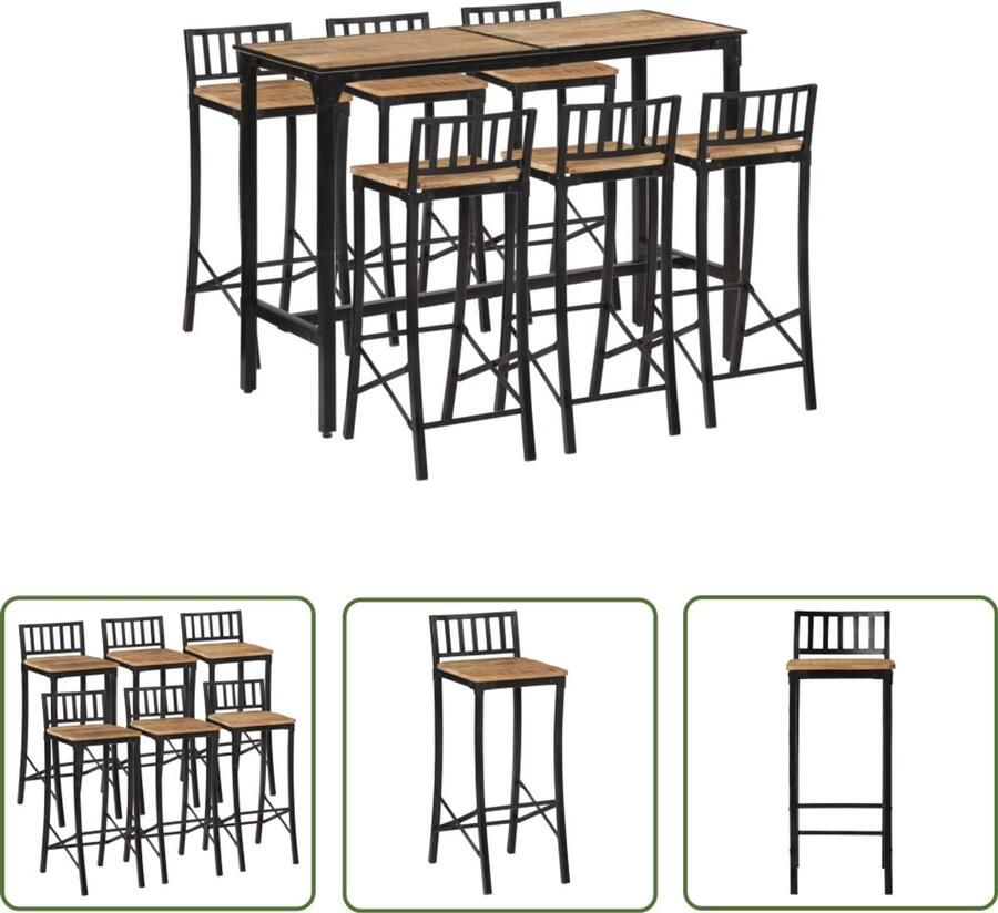 The Living Store 7-delige Barset massief ruw mangohout en metaal Bartafel Eetkamermeubel Barstool Mango Wood Industrieel