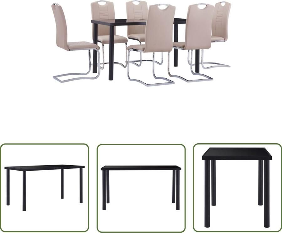 The Living Store Eettafelset Zwart Gehard glas en metaal 140 x 70 x 75 cm Kunstleren stoelen Cappuccino 42 x 52 x 100 cm 6 stoelen Eetkamerset Eettafel Stoelen Kunstleder Zwart